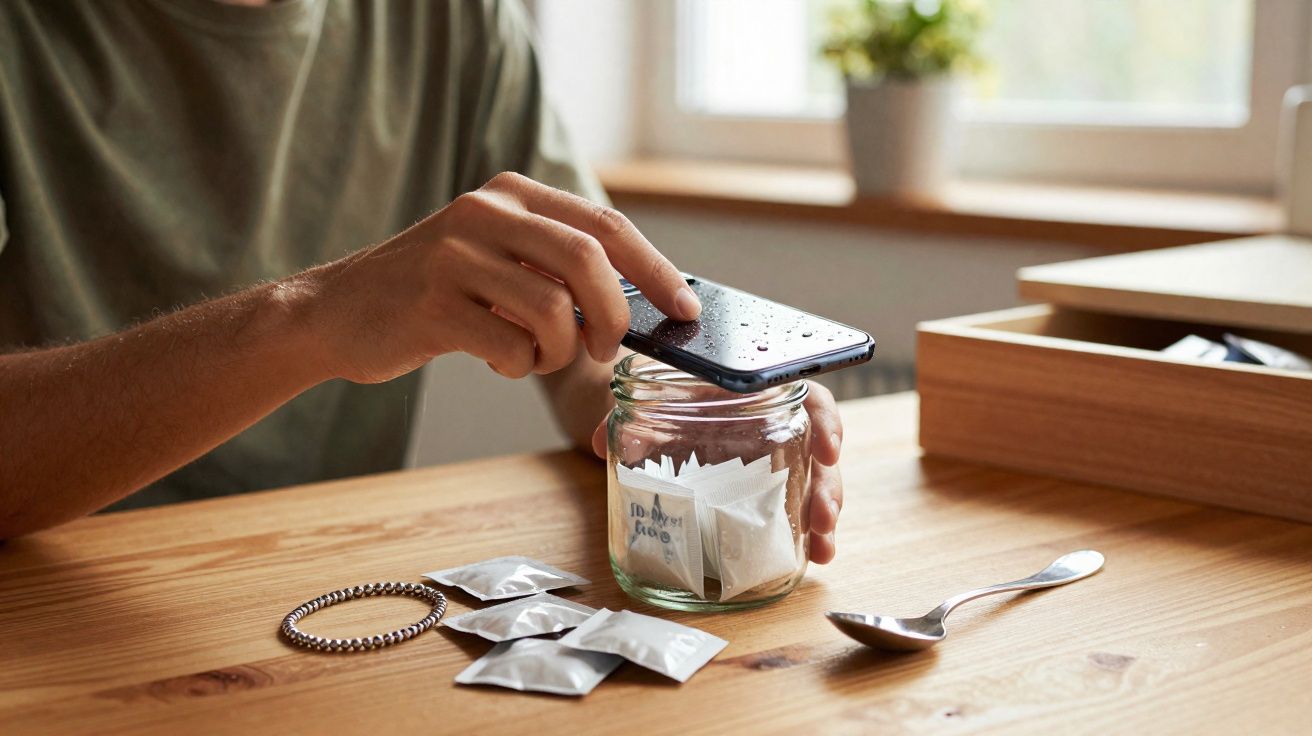 Pessoa a guardar comprimidos em frasco de vidro num ambiente com luz natural numa mesa de madeira.