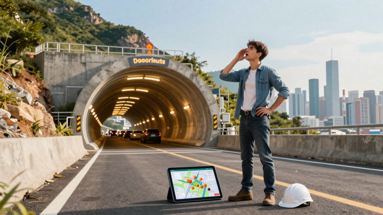 Homem em estrada perto de túnel a telefone, com tablet mostrando mapa e capacete branco ao lado.
