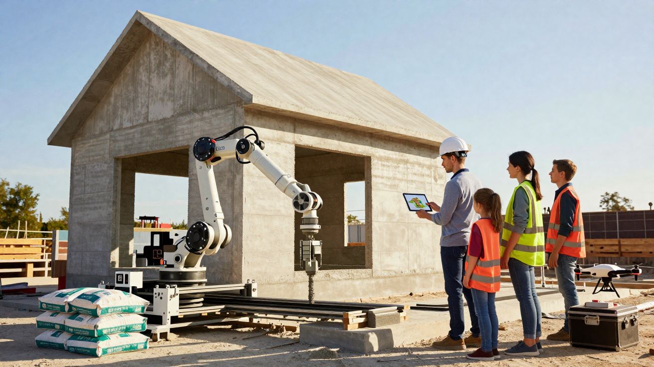 Robô a construir uma casa de betão com quatro pessoas a observar numa obra.