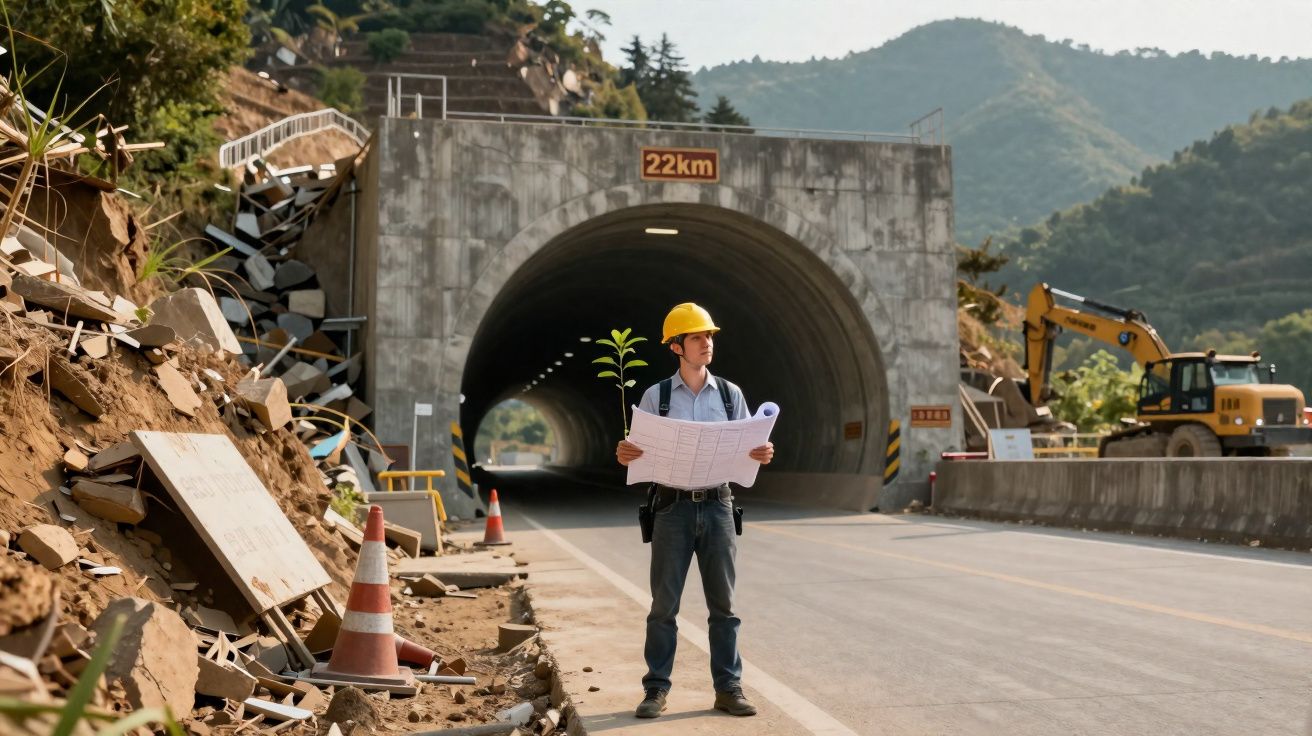 Engenheiro de segurança com capacete amarelo e plantas, junto a túnel rodoviário em construção.