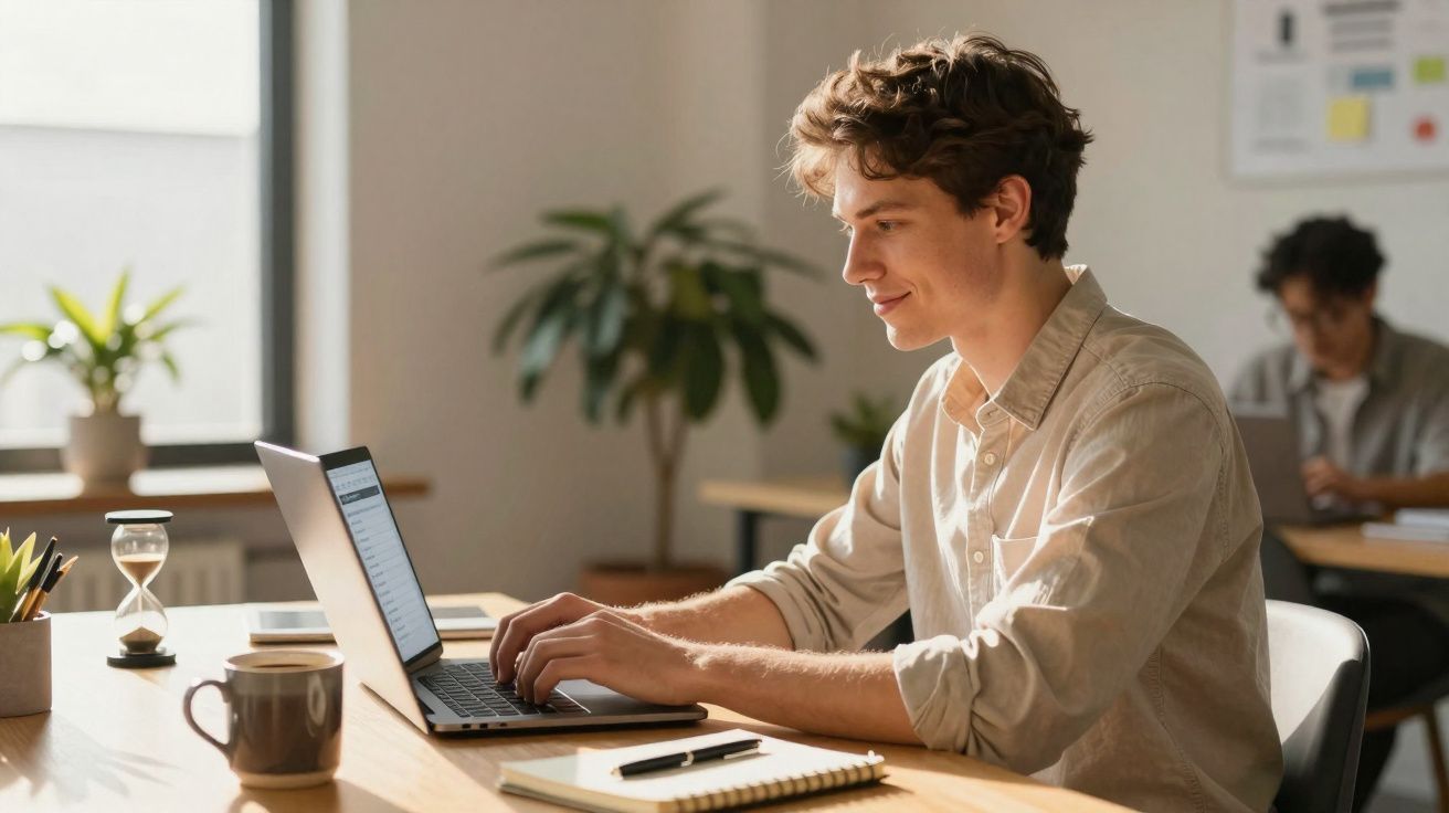 Jovem a trabalhar num portátil numa mesa com caneca, caderno e ampulheta em ambiente de escritório iluminado.