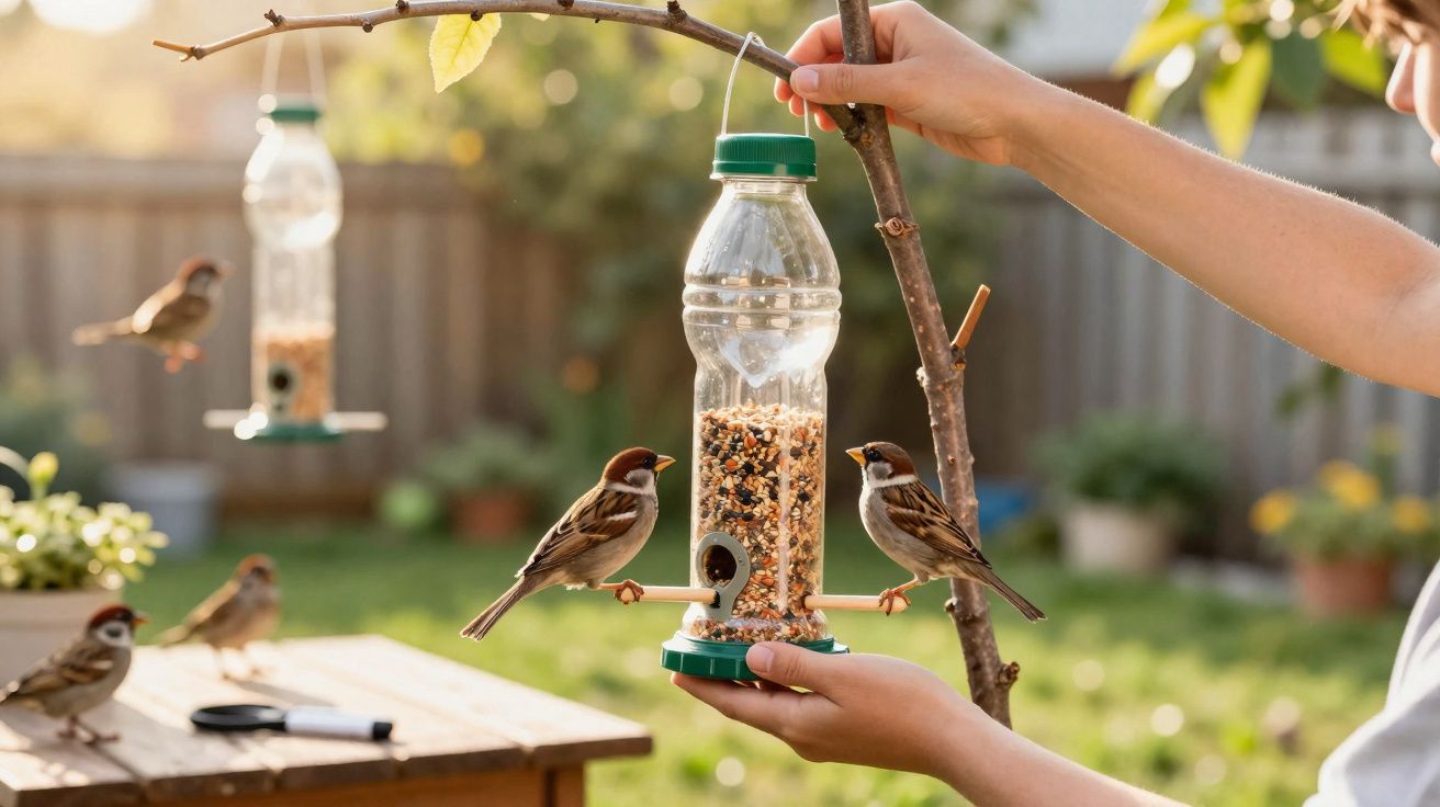 Pessoa a segurar comedouro de pássaros reciclado, com pardais a alimentar-se no jardim ao pôr do sol.