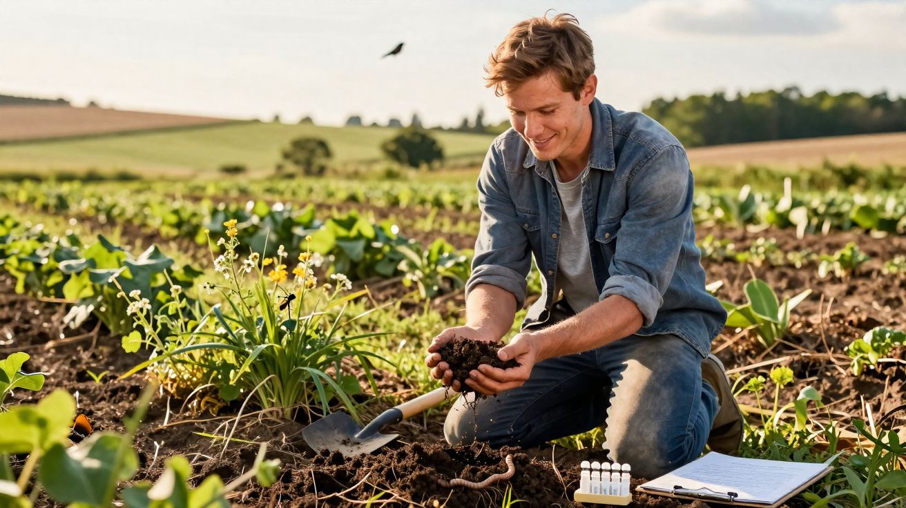 Homem jovem analisa terra na mão enquanto está ajoelhado numa plantação ao ar livre.