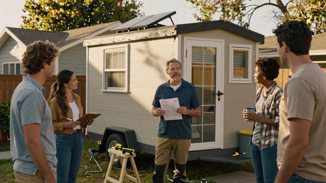 Cinco pessoas em conversa no exterior junto a uma pequena casa móvel com painéis solares no telhado.
