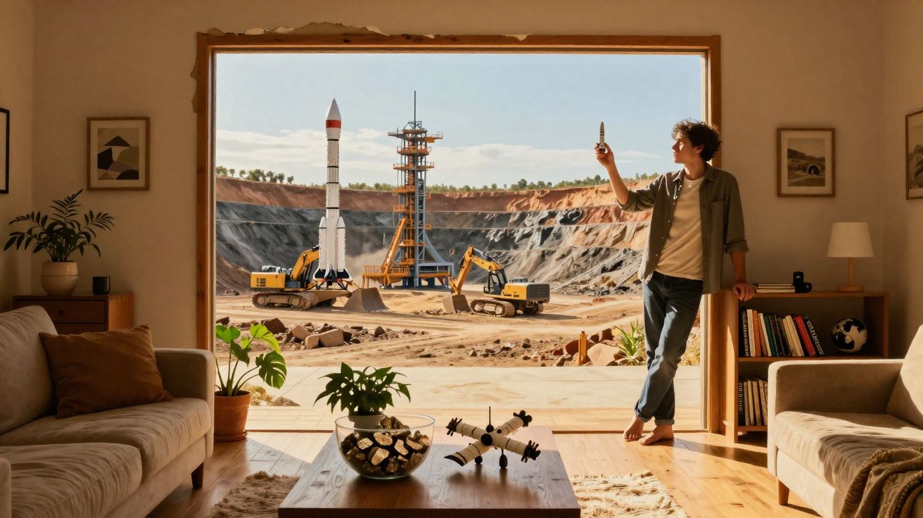 Pessoa em sala decorada observa modelo de foguetão com área de lançamento e máquinas em construção ao fundo.