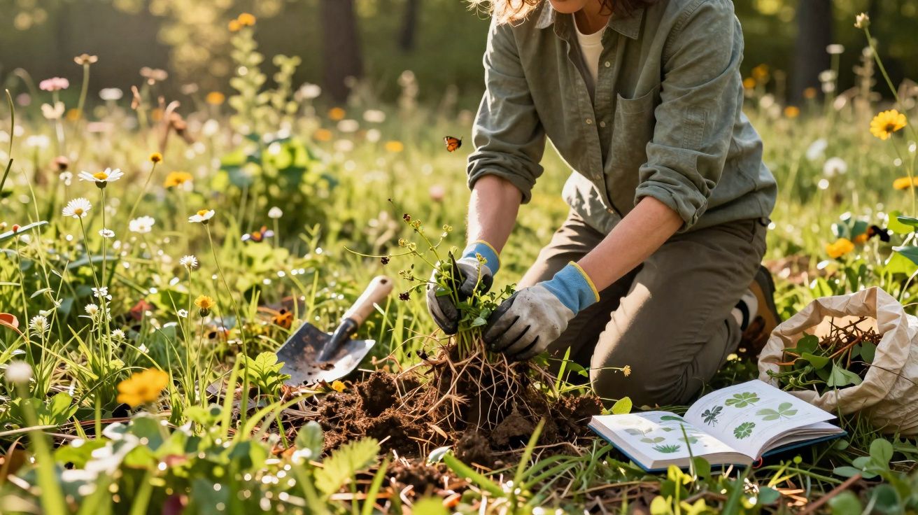 Pessoa com luvas a arrancar planta com raízes numa estufa, livro aberto e pá ao lado, entre flores e borboletas.