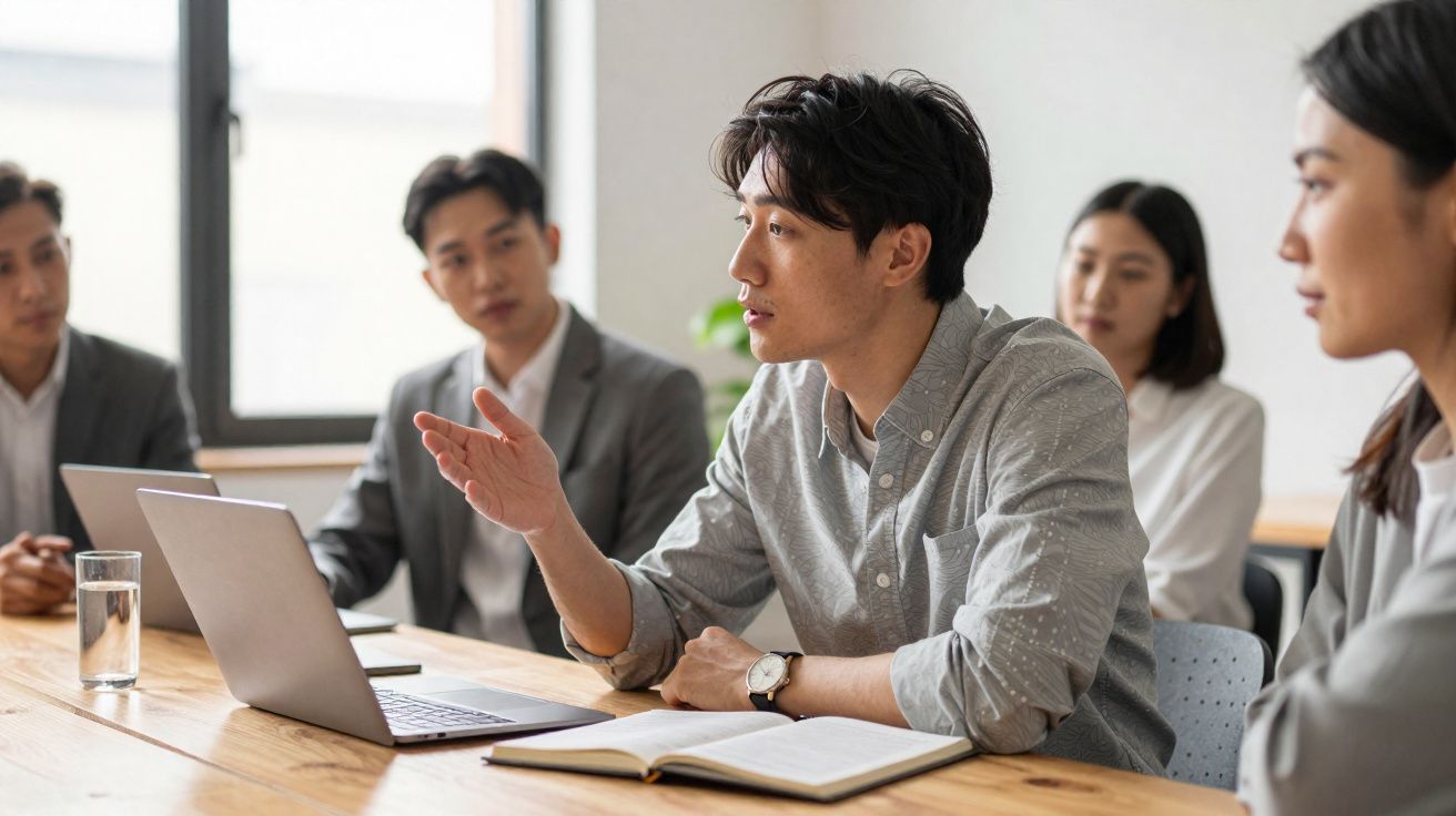 Grupo de pessoas em reunião de trabalho com laptop e caderno numa mesa de madeira.