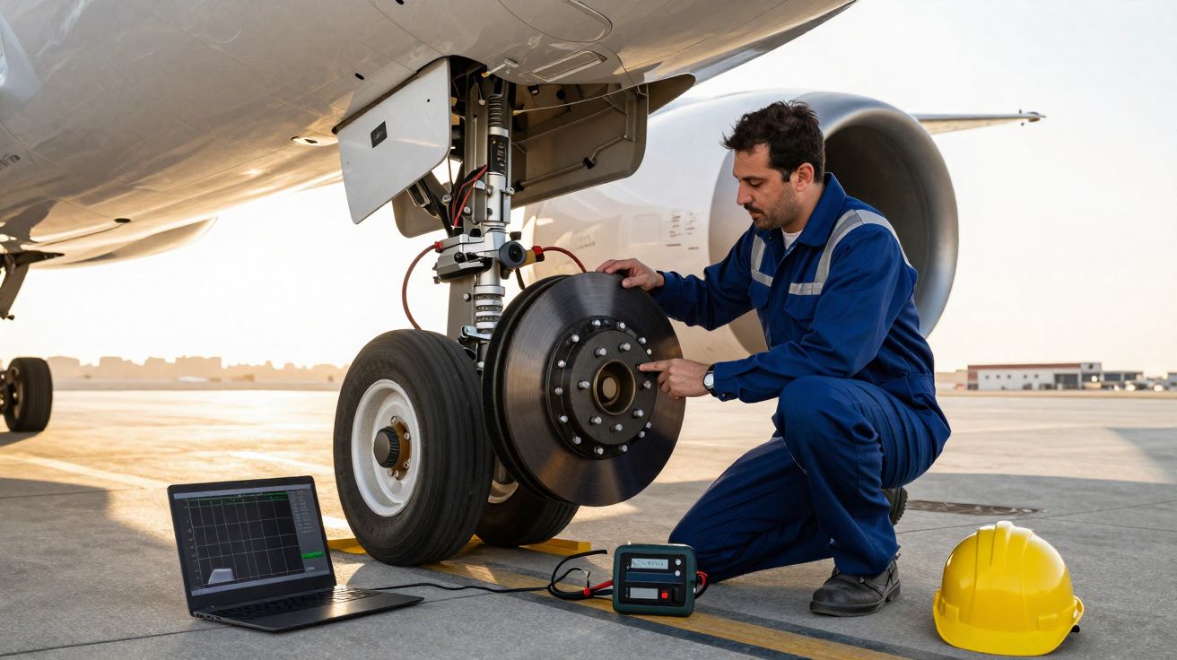 Técnico inspeciona disco de travão no trem de aterragem de avião no aeroporto com equipamento e capacete amarelo no chão.