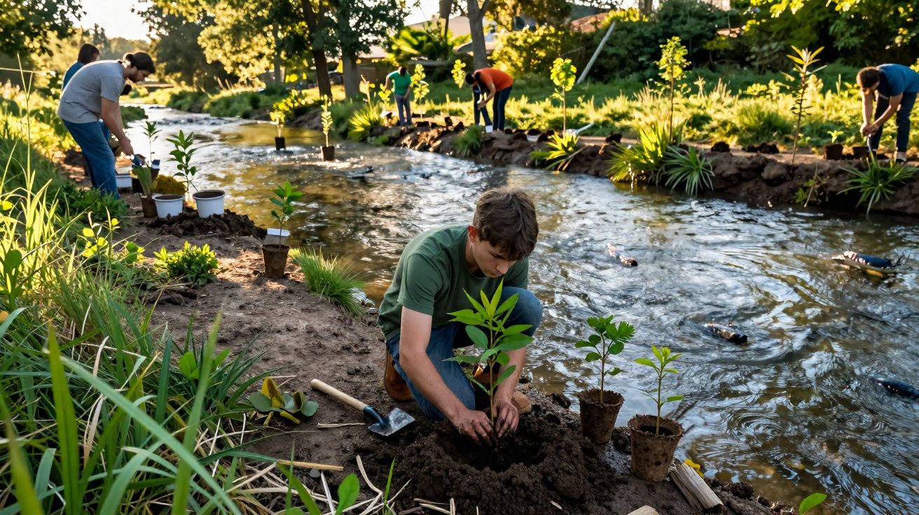 Grupo de pessoas a plantar árvores junto a um ribeiro num ambiente ensolarado e natural.