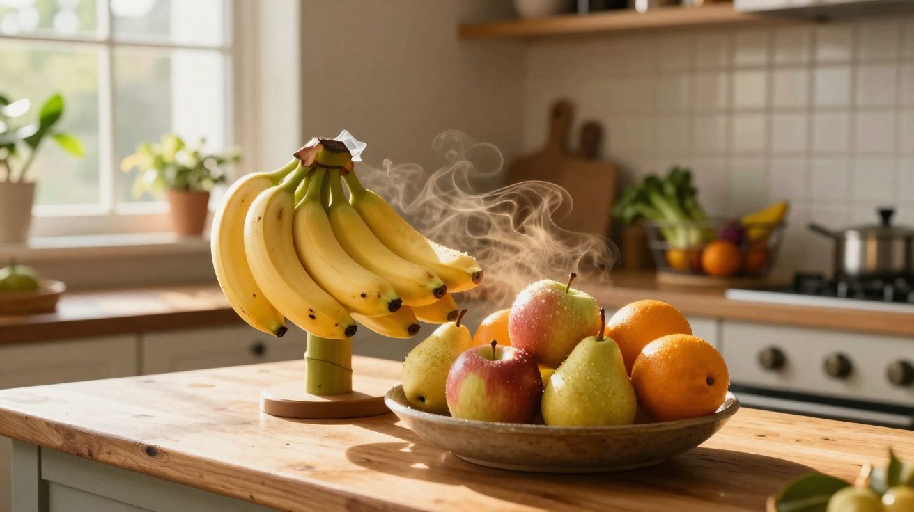 Fruteira com cachos de bananas e uma taça com maçãs, peras e laranjas numa cozinha iluminada.
