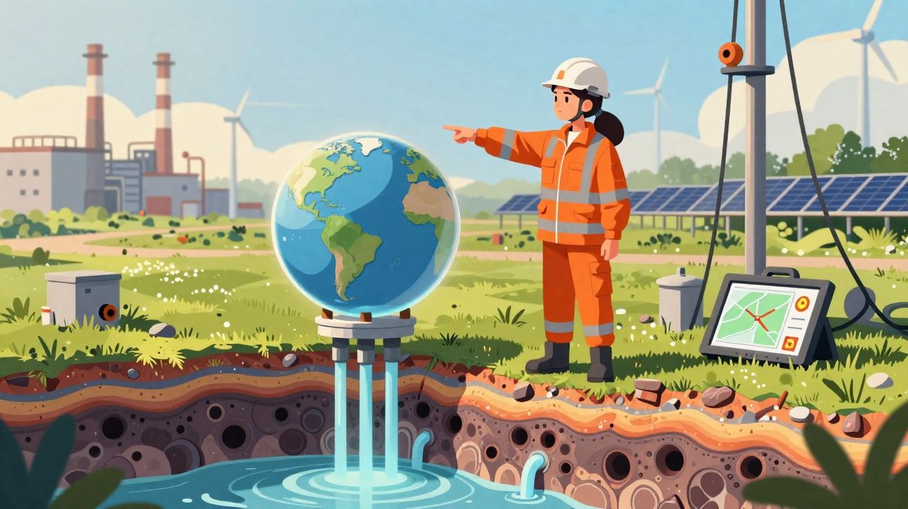 Engenheira em fato laranja num campo com energia renovável, apontando para um globo terrestre emergindo da água.