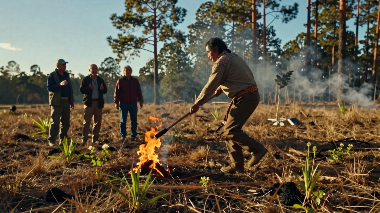 Homem a atear fogo num campo seco com três pessoas a assistir numa floresta de pinheiros ao fundo.