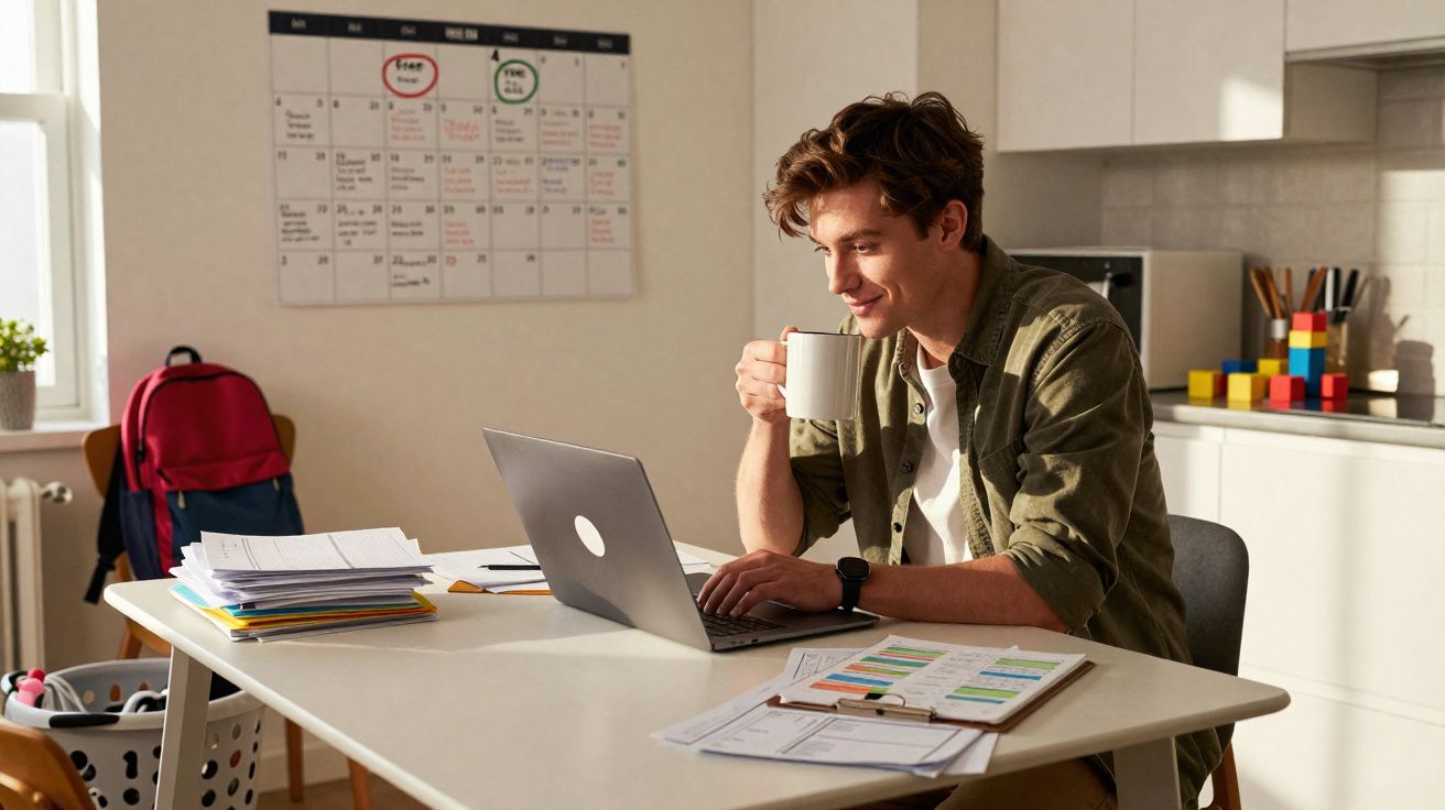 Jovem sentado à mesa a trabalhar no portátil e a beber de uma caneca branca numa sala iluminada.