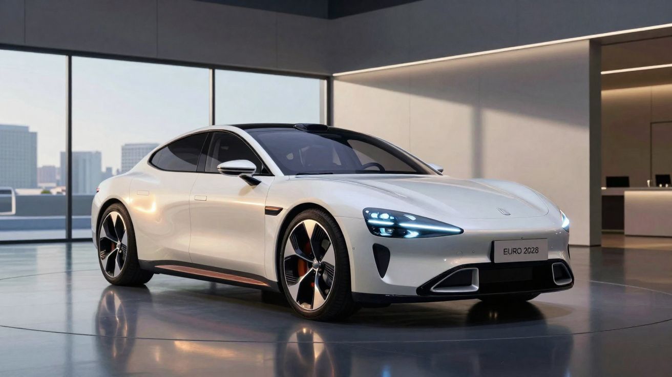 Carro eléctrico desportivo branco estacionado em espaço interior moderno com janelas amplas.