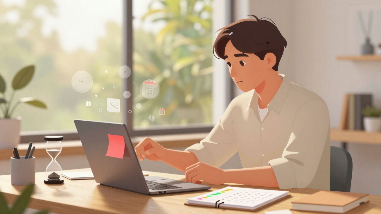 Homem a trabalhar num computador portátil num ambiente de escritório luminoso e organizado.