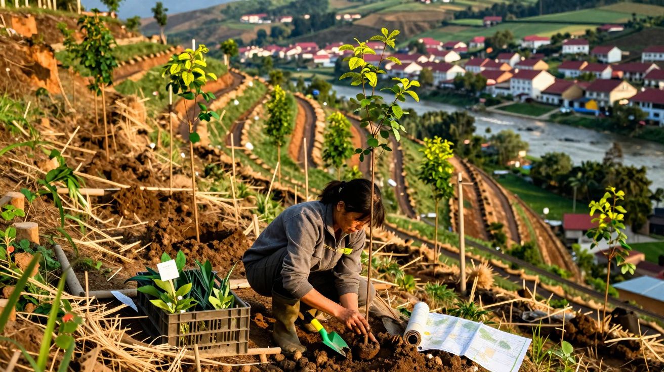 Pessoa a plantar árvores num terreno inclinado com vila e rio ao fundo, durante o dia ensolarado.