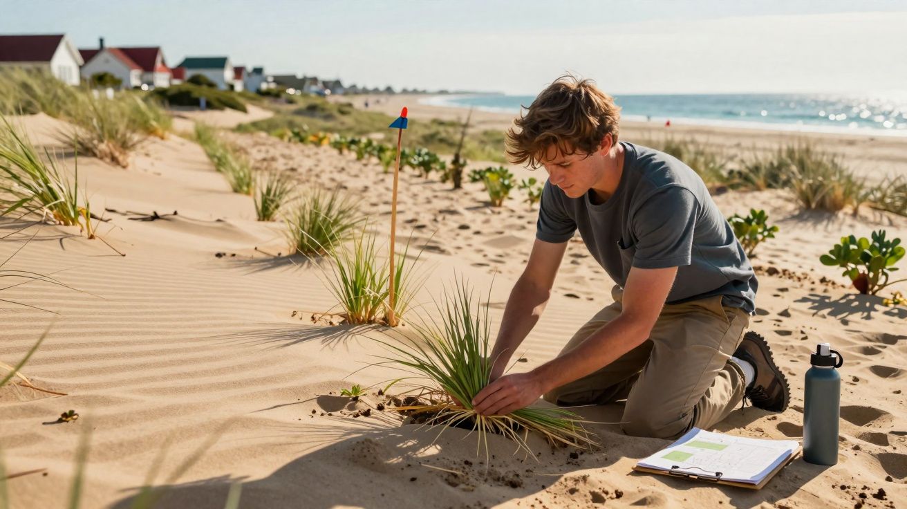 Jovem a estudar plantas na duna da praia, com caderno e garrafa ao lado, sob céu limpo e mar ao fundo.