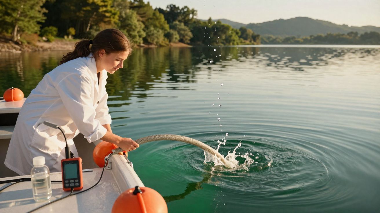 Mulher com bata branca recolhe amostra de água de lagoa durante investigação num barco.