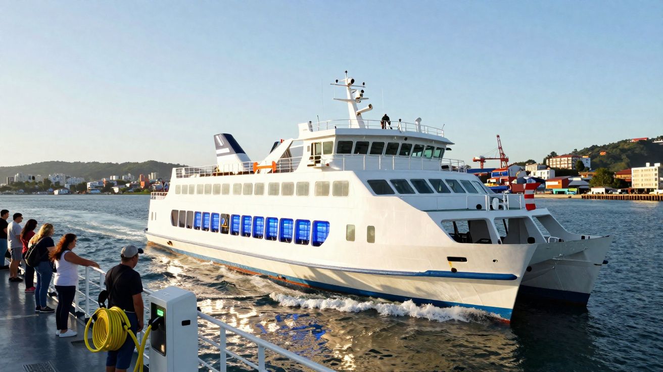 Ferry branco a navegar perto do cais com passageiros a observar e edifícios ao fundo numa tarde ensolarada.