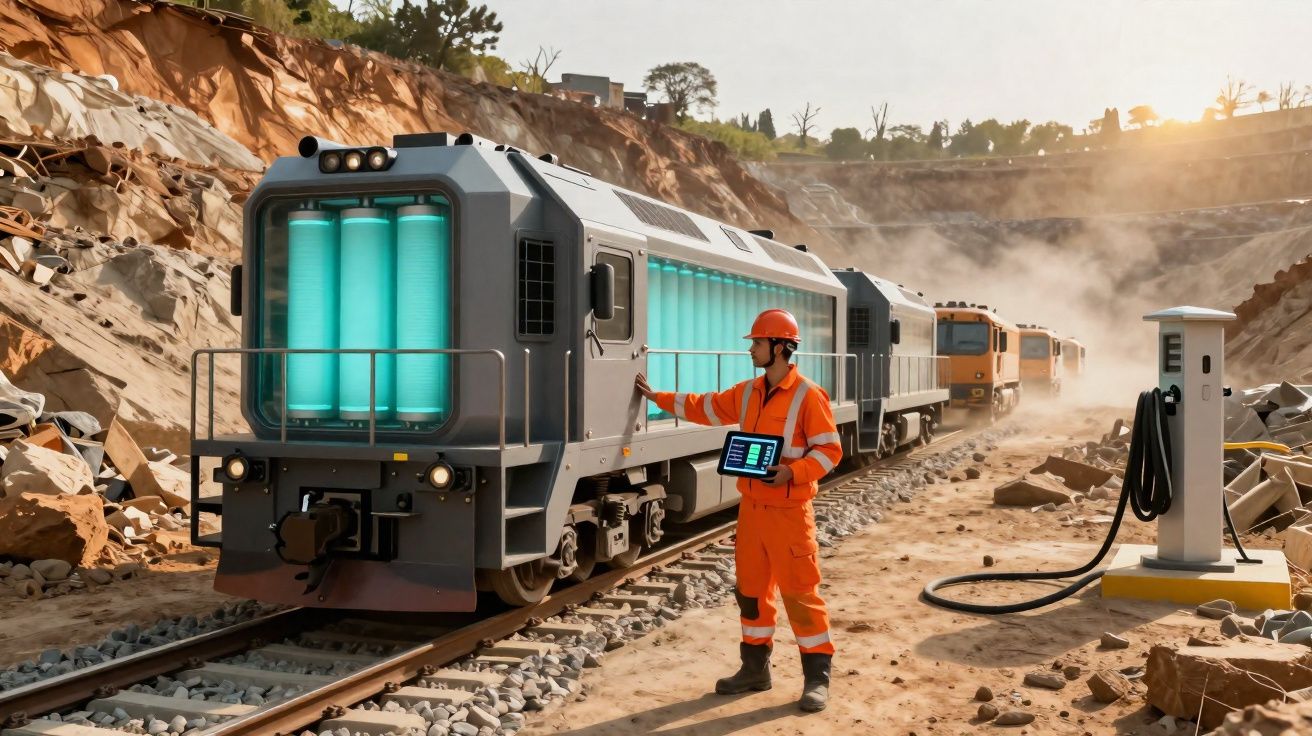 Trabalhador em equipamento de segurança verifica comboio futurista elétrico numa mina a céu aberto ao pôr do sol.