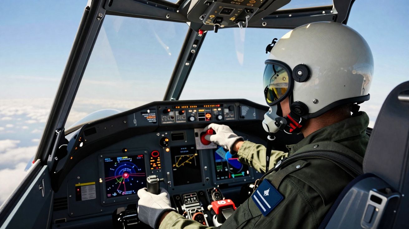 Piloto militar com capacete e viseira controla avião num cockpit com vários painéis digitais em voo acima das nuvens.