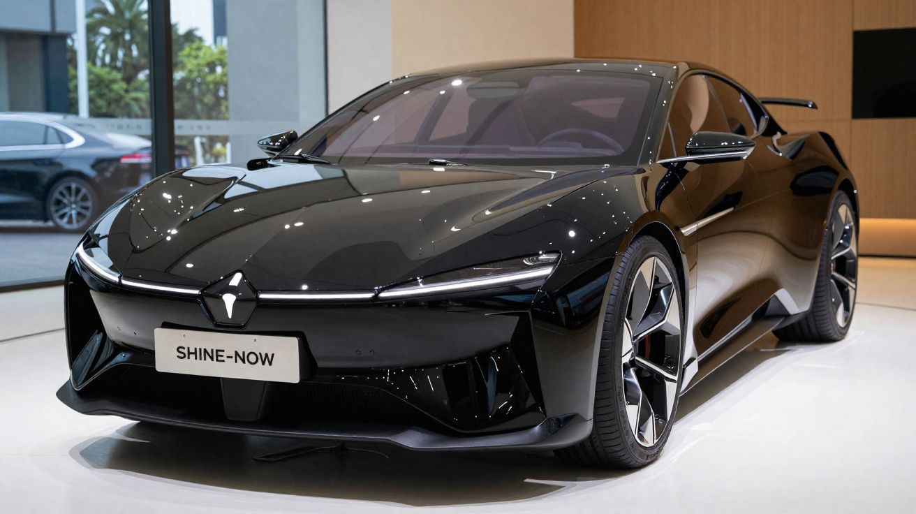 Carro desportivo elétrico preto com design futurista exposto em ambiente interior moderno.