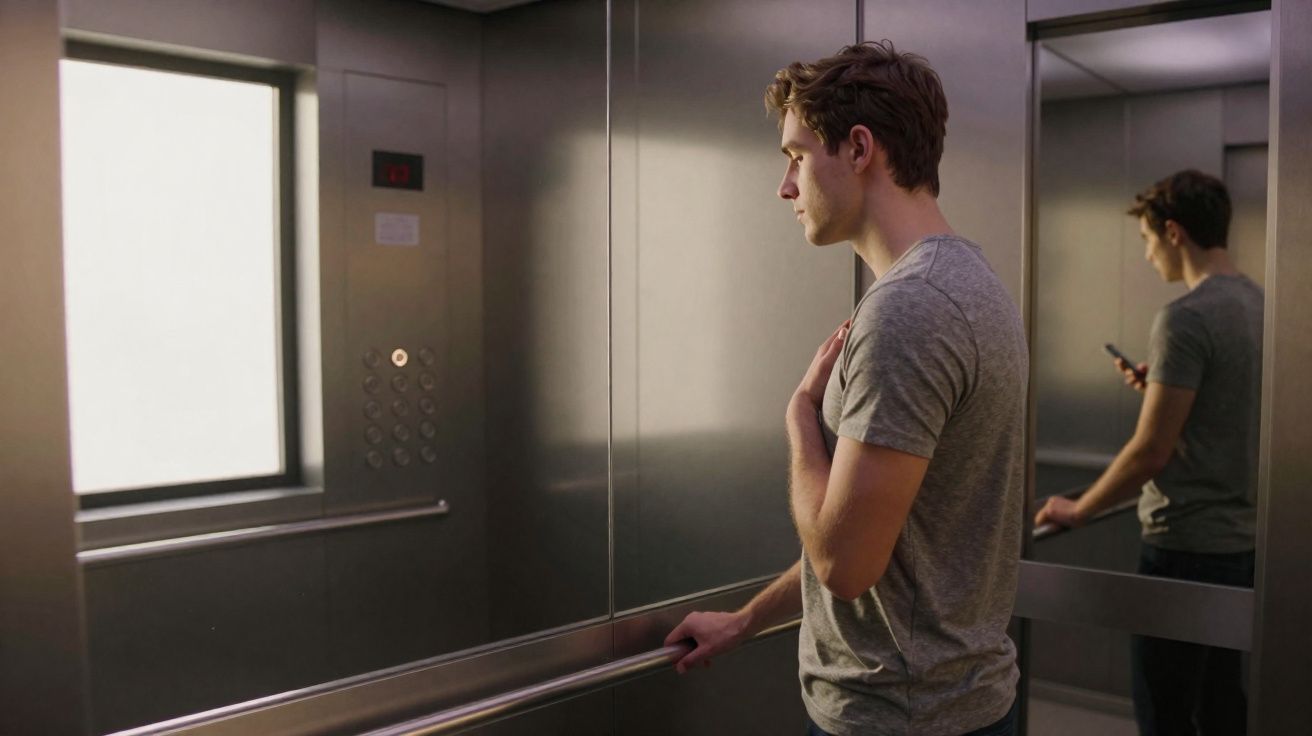 Homem jovem de t-shirt cinzenta dentro de elevador com expressão pensativa a olhar para a frente.