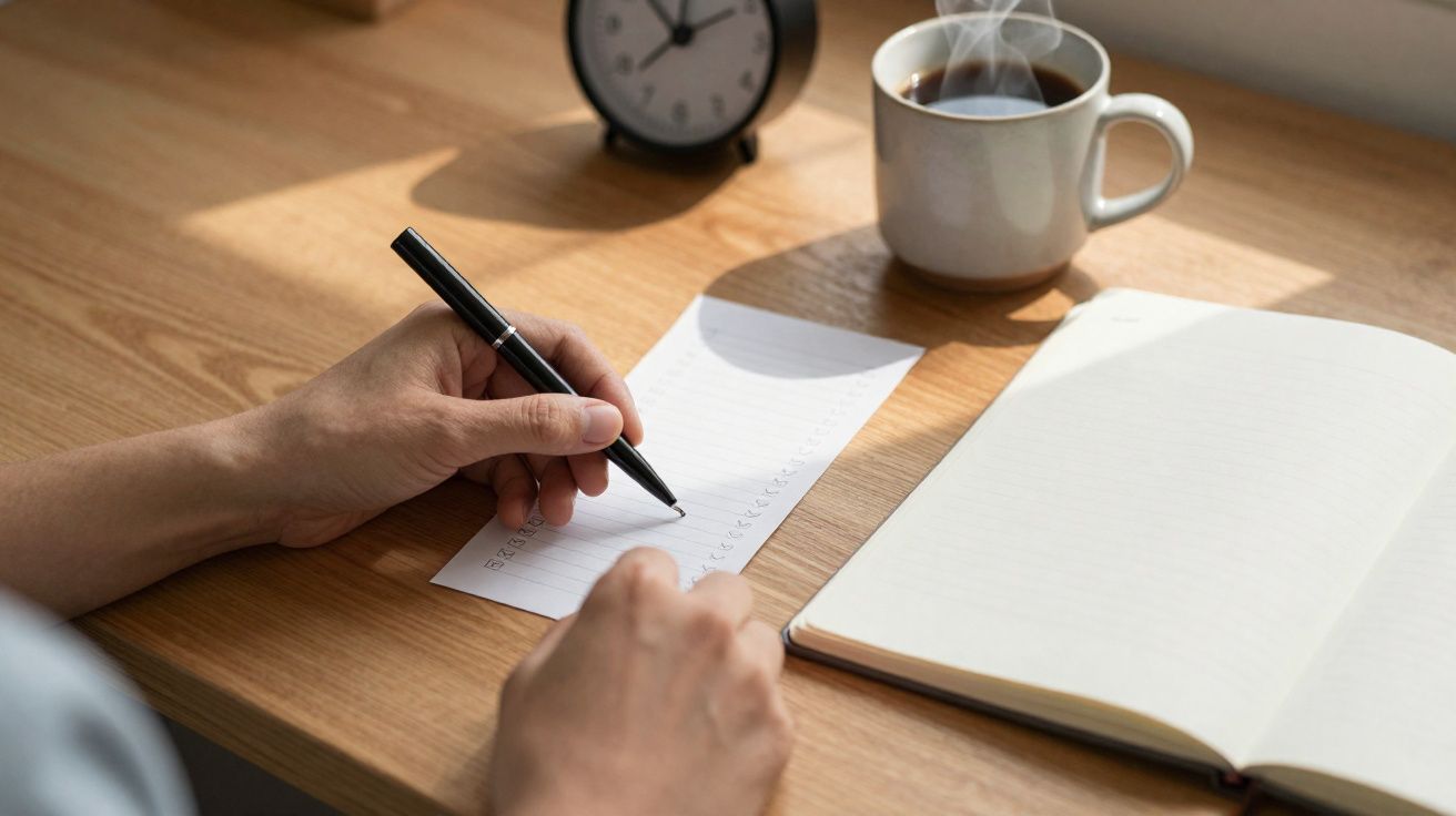 Pessoa a riscar itens numa lista à mão com caneta, ao lado de café fumegante e relógio.