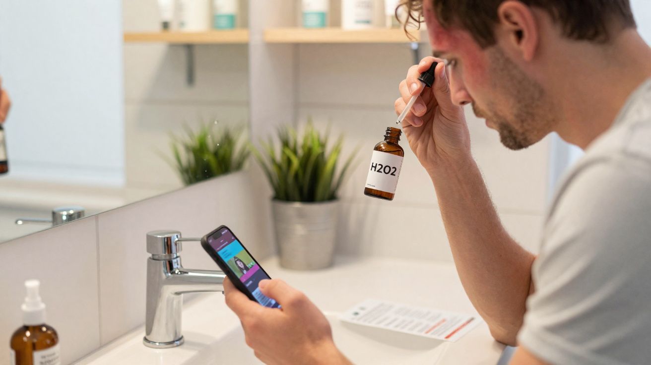 Homem a aplicar produto H2O2 na pele do rosto enquanto consulta o telemóvel numa casa de banho.