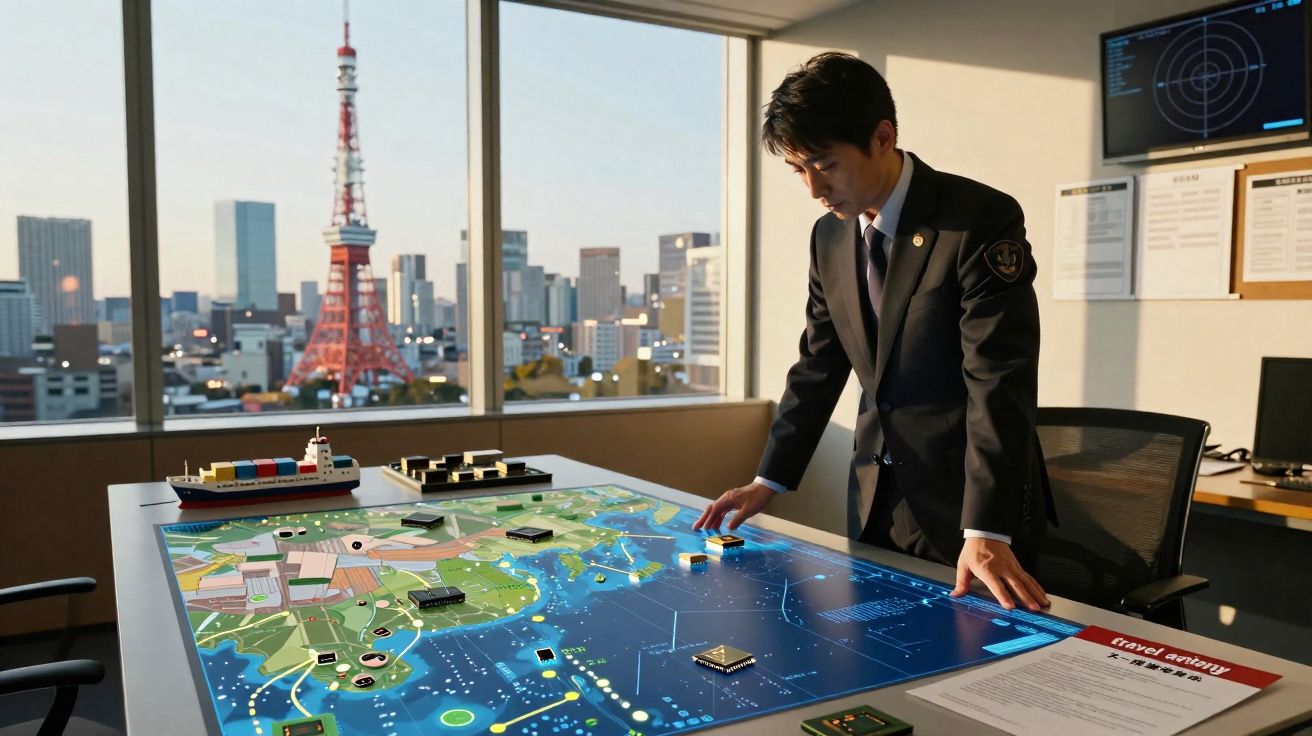 Homem de fato em escritório observa mapa marítimo digital com maquetes de navios e vista urbana ao fundo.