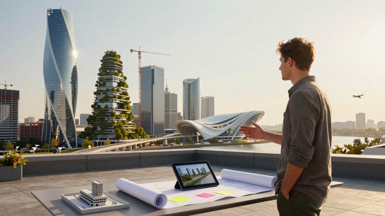 Homem observa projeto arquitetónico numa cidade futurista com edifícios altos e estrutura inovadora ao pôr do sol.