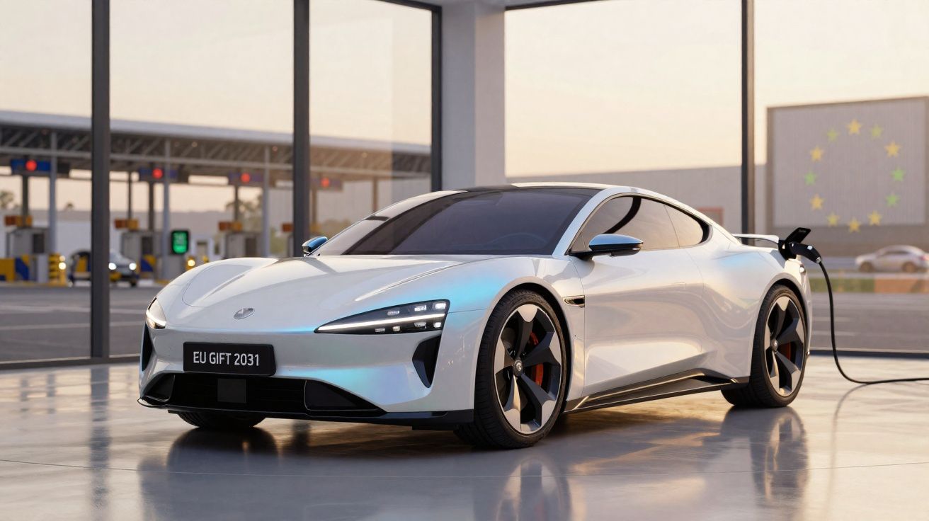 Carro desportivo elétrico branco a ser carregado numa estação de carregamento moderna com bandeira da UE ao fundo.