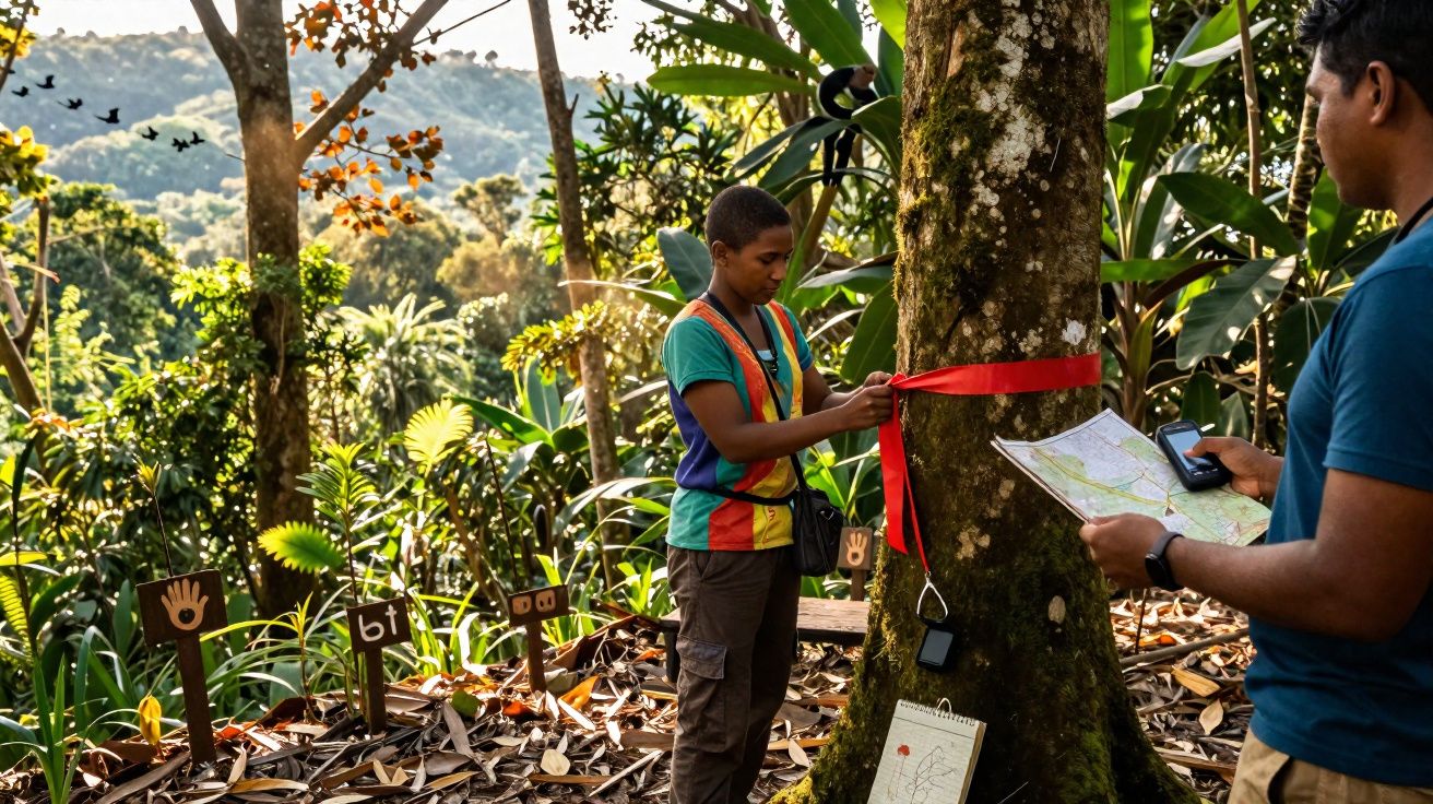 Duas pessoas a marcar uma árvore com fita vermelha numa floresta densa com sinais no chão e mapa na mão.