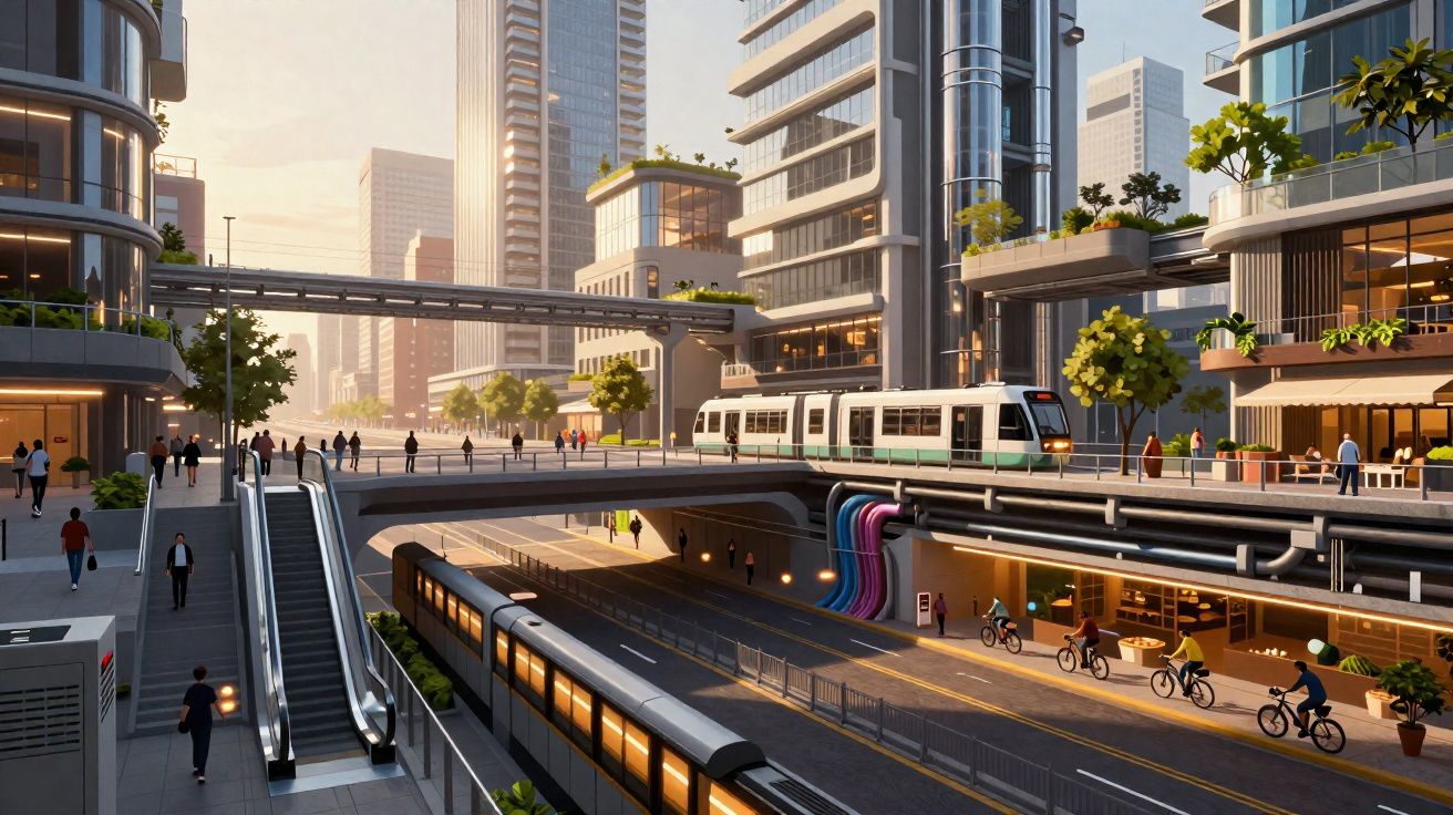 Cidade futurista com comboio, ciclistas, edifícios altos e pessoas a caminhar ao amanhecer.