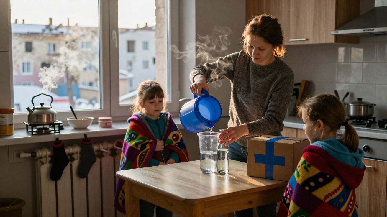 Mulher a servir água em copo para duas crianças enroladas em mantas na cozinha iluminada pelo dia.