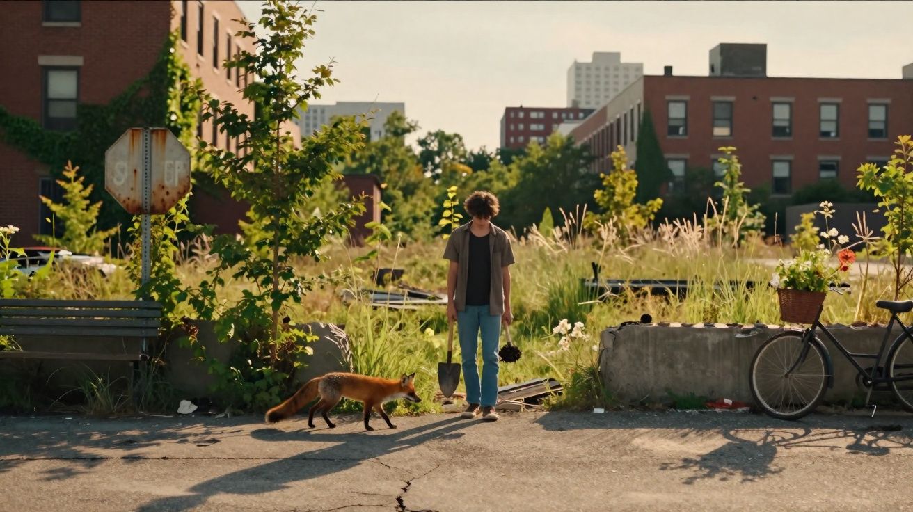 Jovem com pá observa raposa numa rua urbana com prédios e vegetação ao fundo ao entardecer.