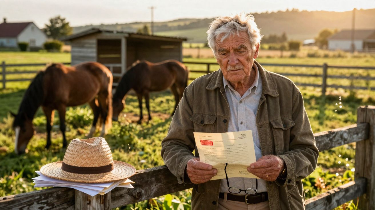 Homem idoso com casaco lê carta junto a cerca de madeira com cavalos a pastar ao fundo ao pôr do sol.