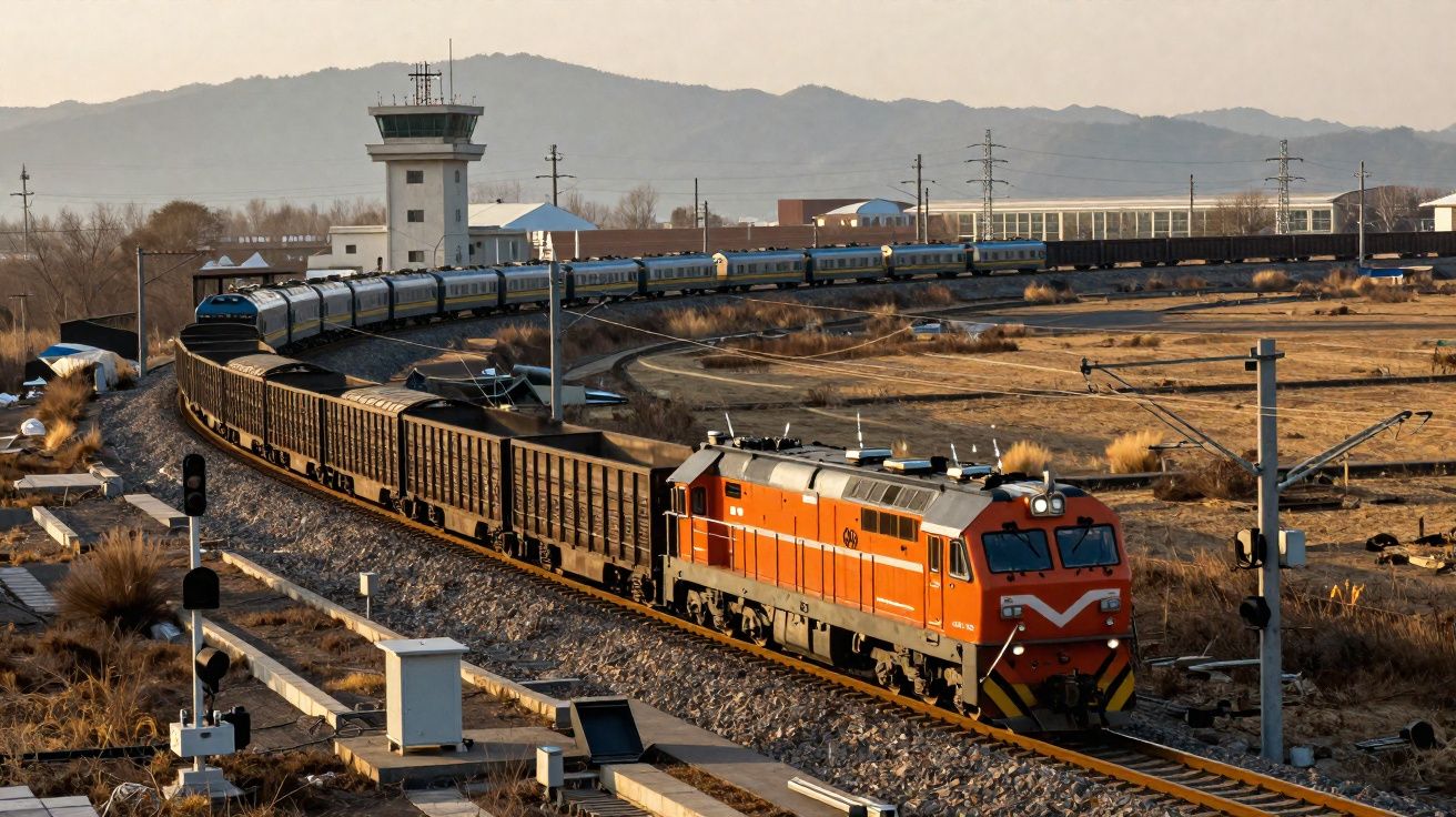 Comboio de mercadorias laranja a circular numa linha férrea curva em zona rural com montanhas ao fundo.