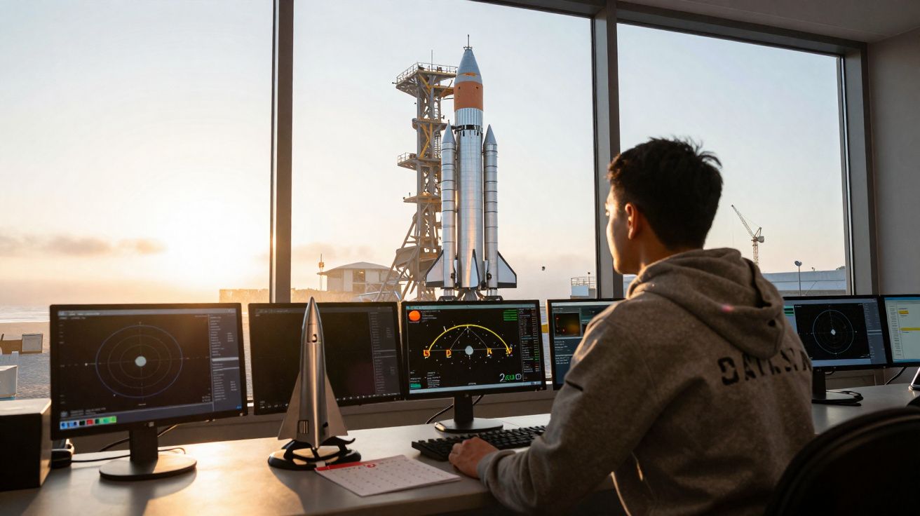 Homem a monitorizar lançamentos espaciais com vários ecrãs e modelo de foguetão, com foguetão real ao fundo ao pôr do sol.