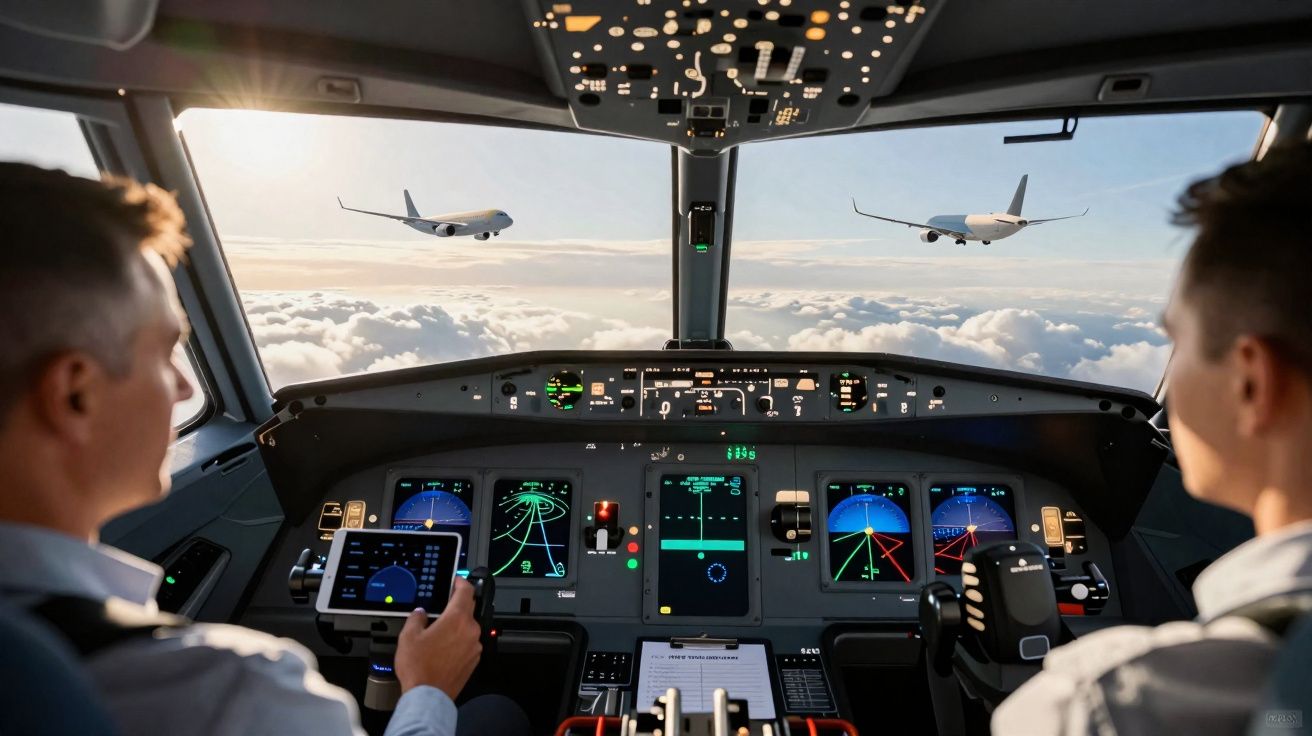 Cockpit de avião com dois pilotos e dois aviões visíveis a voar entre nuvens ao fundo.