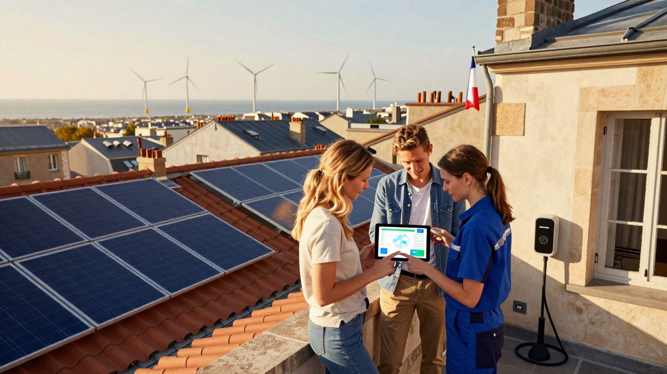 Três pessoas numa varanda junto a painéis solares e turbinas eólicas, analisando dados num tablet.