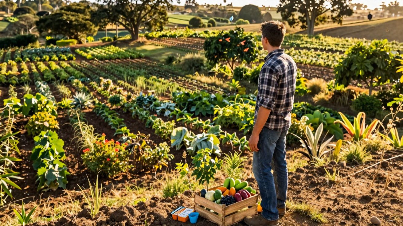 Homem de camisa às riscas observa horta diversificada com caixa de frutas e legumes colhidos ao sol da tarde.
