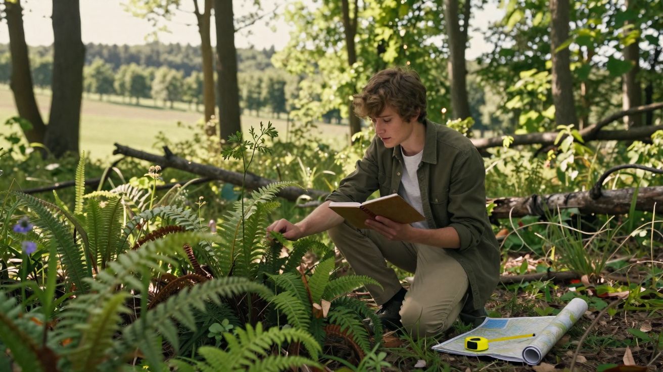 Jovem observa plantas numa floresta, segurando um caderno, com mapa e fita métrica no chão próximo.