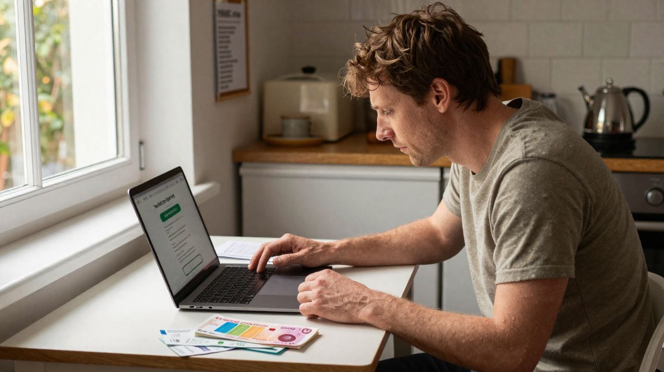 Homem sentado numa mesa a usar computador portátil com documentos e notas à sua frente numa cozinha.