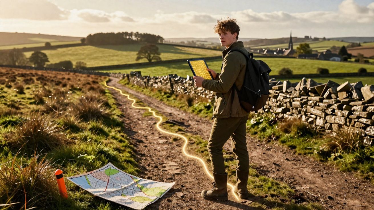 Jovem com mochila usa tablet para seguir caminho em trilho rural com mapa no chão e paisagem campestre ao fundo.
