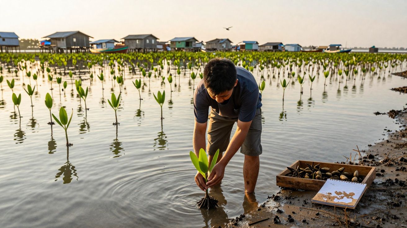 Homem planta muda de manguezal na água junto a caixa de sementes e bloco de notas na margem.