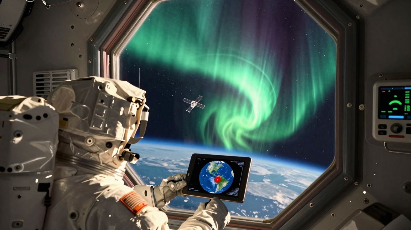 Astronauta observa aurora boreal e um satélite da Estação Espacial Internacional.
