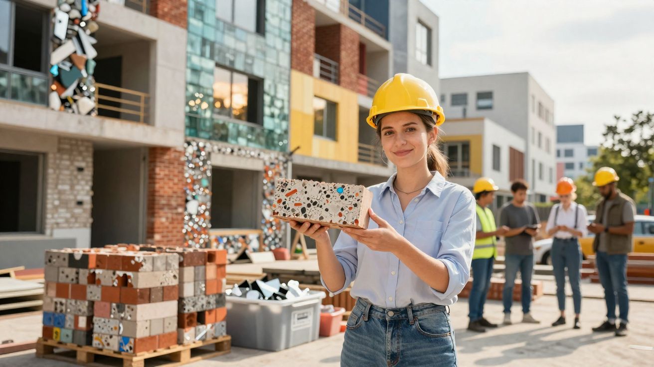 Mulher com capacete amarelo segura tijolo decorativo numa obra, com grupo de pessoas e edifícios ao fundo.