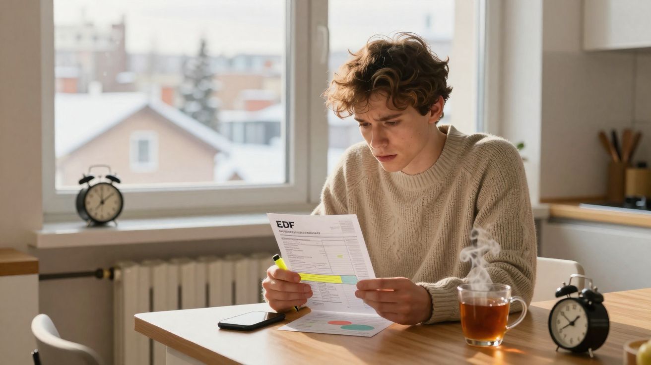 Jovem sentado a ler uma fatura com um marcador amarelo, com chá fumegante e relógios despertadores na mesa.