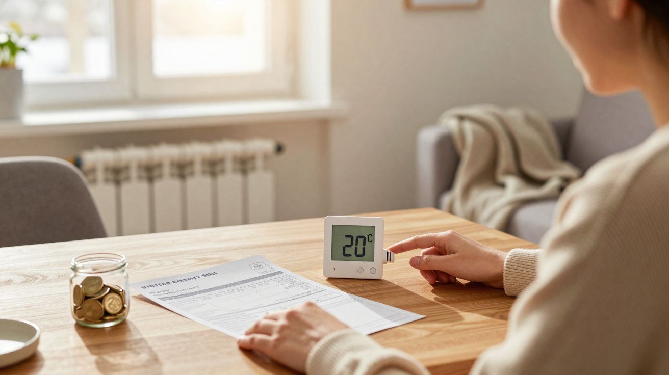 Pessoa ajusta termóstato digital para 20 graus num ambiente doméstico iluminado junto a conta de energia e jarro de moedas.